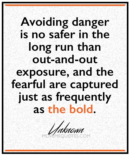 “Avoiding danger is no safer in the long run than out-and-out exposure, and the fearful are captured just as frequently as the bold.” ~ Unknown