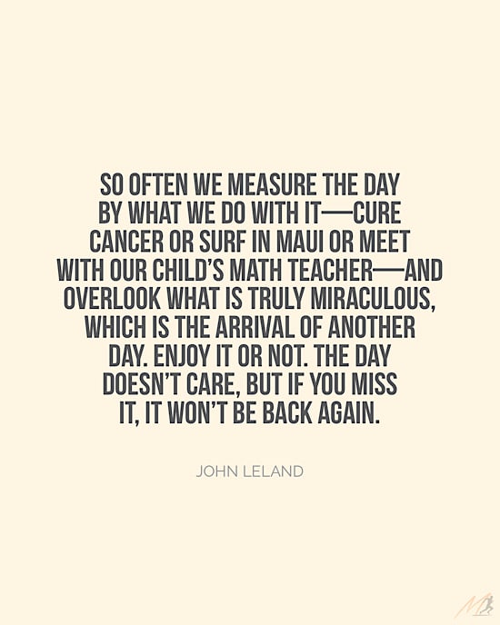 Picture Quote on Aging: “So often we measure the day by what we do with it—cure cancer or surf in Maui or meet with our child’s math teacher—and overlook what is truly miraculous, which is the arrival of another day.  Enjoy it or not.  The day doesn’t care, but if you miss it, it won’t be back again.”